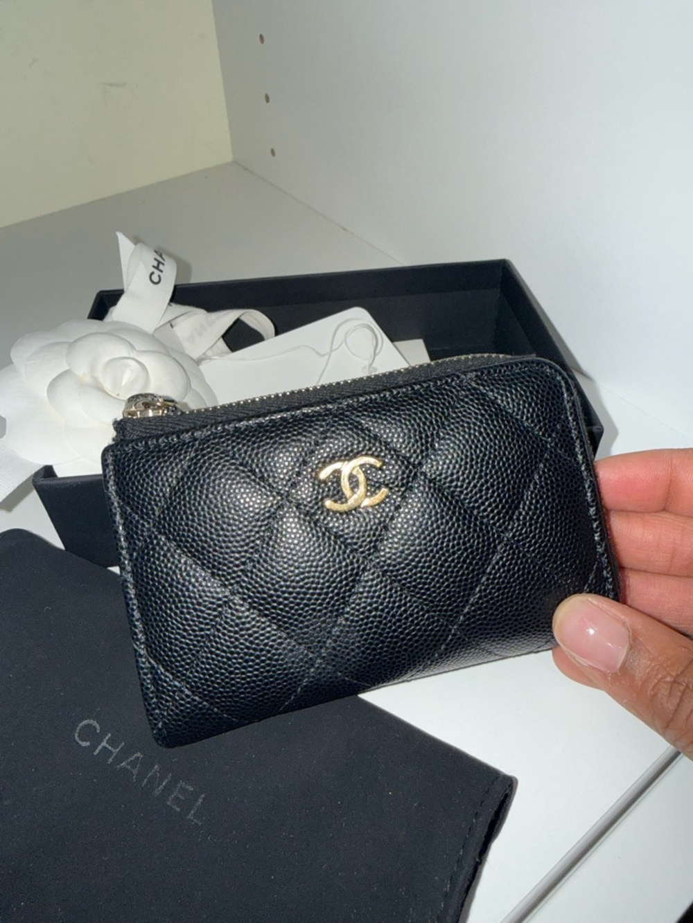 CHANEL Black Quilted Caviar Leather Zip Card Pouch with Gold CC